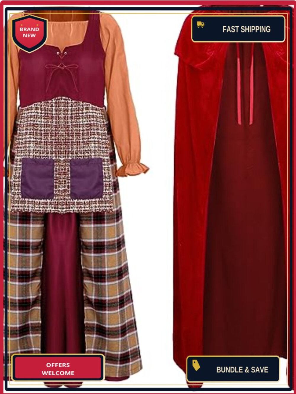 2 Pc Witch Cosplay Costume Dress Cape Renaissance Halloween Women